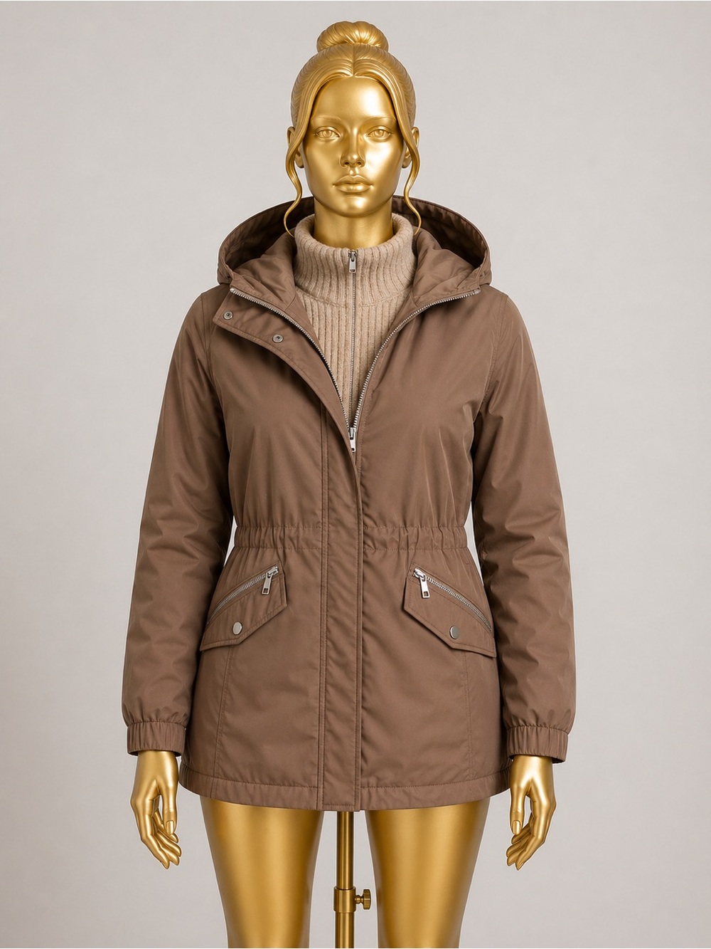 BCBGeneration Cream & Brown Hooded Jacket M – Drawstring, Quilted Lining